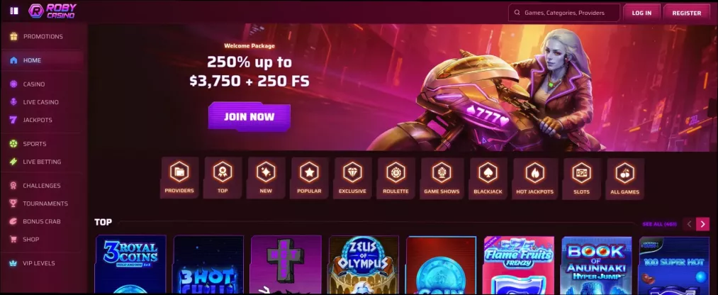 Roby Casino 250% bonus up to 3,750 CAD plus 250 free spins